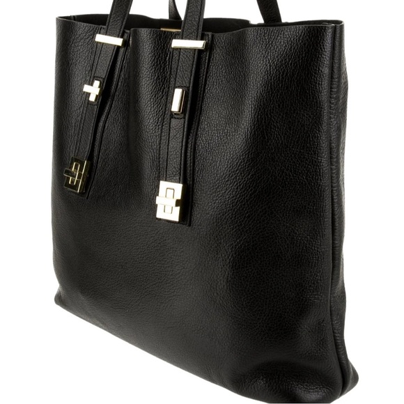 India Hicks Black Leather Solitare Shoulder Bag Purse Tote Gold Hardware - Picture 9 of 14